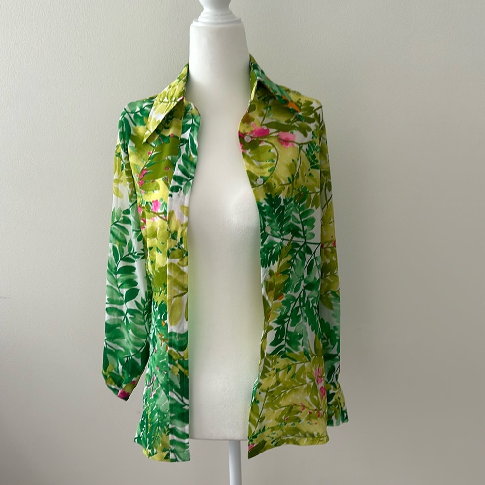 Women’s button down blouse with green leaves and pink floral print